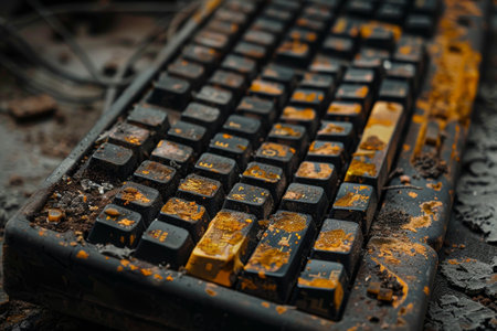 A dirty keyboard is sitting on top of a dirty ground, A dusty keyboard with yellowed keysの素材