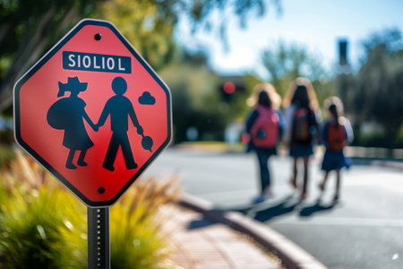 A red stop sign placed on the roadside, signaling drivers to come to a halt at this intersection, A dynamic and energetic school zone sign that conveys a sense of movement and activityの素材