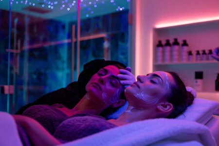 A woman and a man reclining on a couch together, A duo receiving a rejuvenating facial treatmentの素材