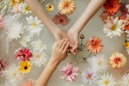 Couple standing together, holding hands in front of blooming flowers, A duo holding hands while soaking in a fragrant flower bathの素材