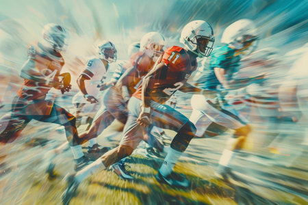 A group of football players sprinting on the field during a match, showing speed and athleticism, A dynamic composition showcasing the fast-paced movement and energy of a football gameの素材