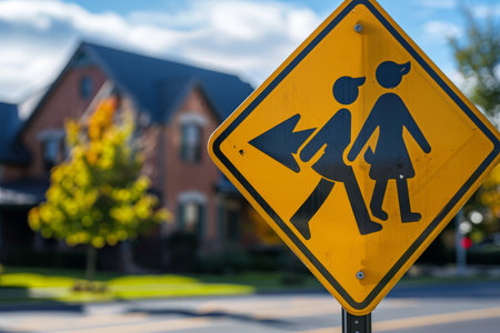 Yellow Pedestrian Crossing Sign on Side of Road, A dynamic and energetic school zone sign that conveys a sense of movement and activityの素材
