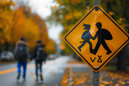 A couple is walking down a bustling city street with tall buildings in the background, A dynamic and energetic school zone sign that conveys a sense of movement and activityの素材