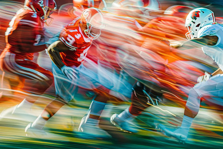 A painting capturing the intensity of a football player sprinting with the ball towards the goal, A dynamic composition showcasing the fast-paced movement and energy of a football gameの素材