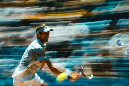 A man in action, swinging a tennis racquet to hit a ball with force and precision, A dynamic composition capturing the energy of a tennis rallyの素材
