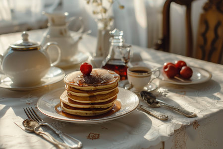 A stack of pancakes resting on a white table, A elegantly set table with a stack of pancakes and syrupの素材