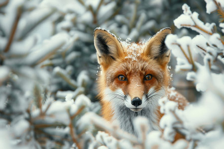 Curious fox peeking from behind bush in snowy landscape, A curious fox peeking out from behind a bush in a snowy winter landscapeの素材