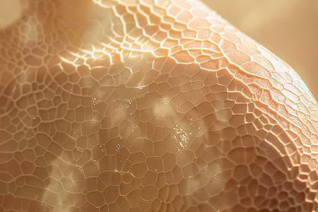 Detailed close-up of a womans skin with sunlight shining on it, A close-up of sun-kissed skin with intricate patterns of tan linesの素材