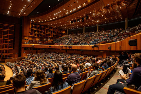 A bustling auditorium filled with a large crowd of people attending an event, A bustling auditorium filled with attendeesの素材
