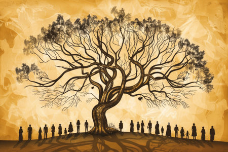A group of people standing under a tree, shade covering them on a sunny day, A family tree with branches bending and twisting to represent different generations and connectionsの素材