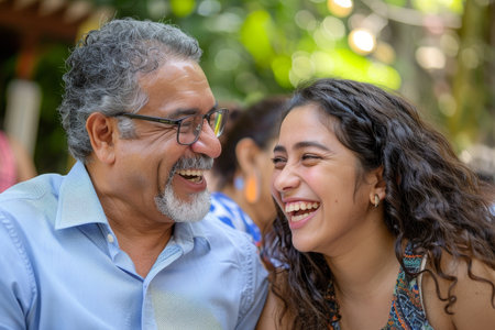 A man and a woman, likely a father and daughter, are smiling at each other in a heartwarming moment of joy, A father and daughter laughing together at a family gatheringの素材