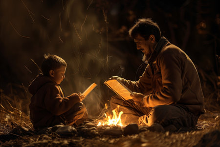 A man is reading a book to a child sitting in front of a fire, A father and son sharing a quiet moment reading together by the fireの素材