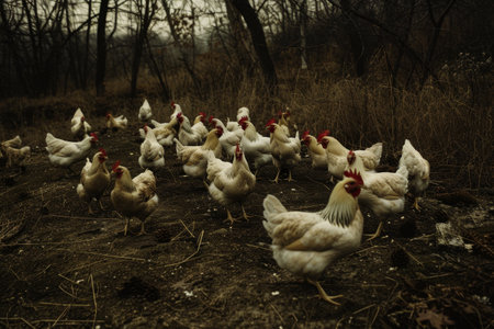 A flock of chickens stand on a dirt field, pecking for food, A flock of chickens pecking at the ground for foodの素材