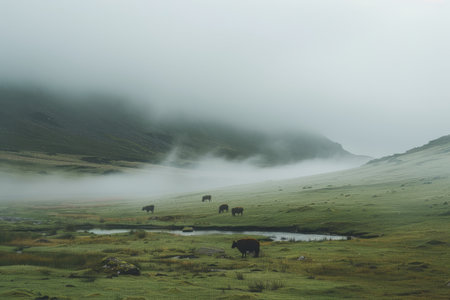 A herd of cattle peacefully grazing on a lush green hillside, A foggy moor with rolling hills and grazing wildlifeの素材