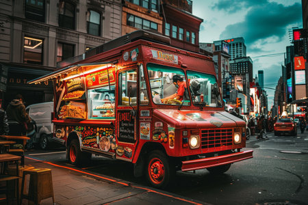 A food truck is driving down a busy city street, serving customers on the move, A food truck parked on a bustling city street serving up delicious street foodの素材