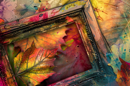 A picture frame showcasing a vibrant painting of leaves on a white background, A frame inspired by nature and filled with vibrant colorsの素材