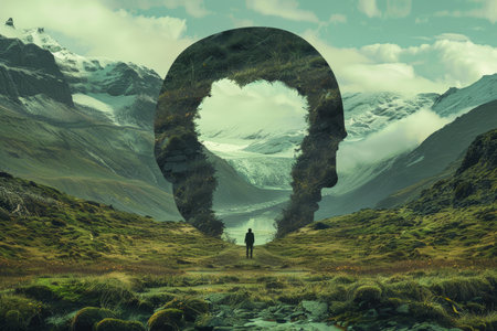 A man stands in the center of a field, mountains in the background, A frame that is symmetrical and visually strikingの素材