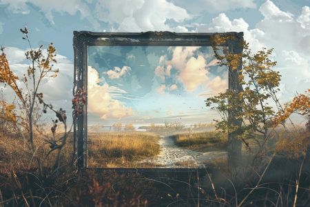 Artistic interpretation of a picture frame placed in the midst of a vast field, A frame that incorporates digital elements seamlessly with traditional art techniquesの素材