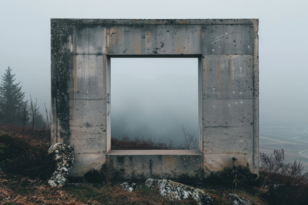 A window is situated in the midst of a mist-covered field, creating a stark contrast in the eerie atmosphere, A frame that uses negative space to create a sense of balanceの素材