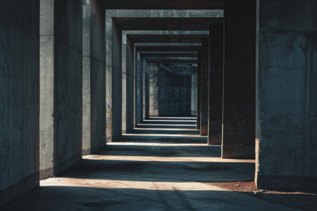 A long hallway featuring concrete walls and flooring, with a play of light and shadow, A frame that plays with light and shadow to create depthの素材