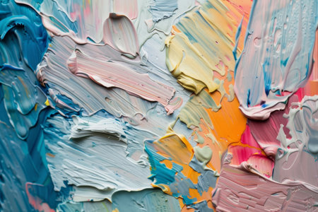 Close-up of a paintbrush showcasing different colors and textures of paint, A frame with layers of textured brushstrokesの素材