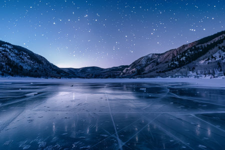 A frozen lake reflects the night sky surrounded by towering mountains, A frozen lake reflecting the twinkling stars in the night skyの素材
