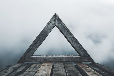 A wooden deck with a triangular frame resting on top, A frame that uses negative space to create a sense of balanceの素材