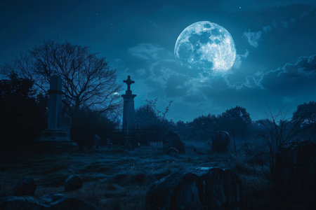 A cemetery under the glow of a full moon, with eerie shadows cast across the tombstones, A full moon casting eerie shadowsの素材