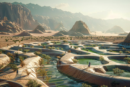 A man is standing on a bridge in a futuristic landscape, A futuristic landscape showcasing an advanced irrigation network in a desert settingの素材