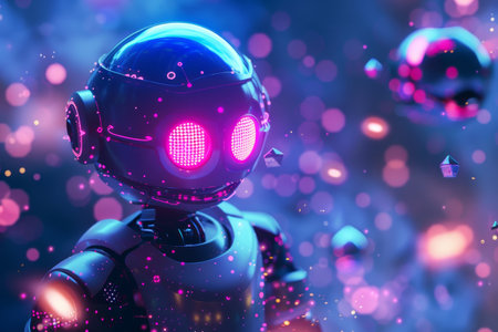 A futuristic robot with glowing eyes hovering in mid-air against a neutral background, A futuristic robot with glowing eyes surrounded by floating data particlesの素材
