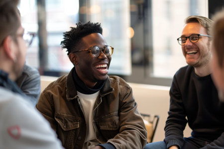 A group of men, likely entrepreneurs, sitting in close proximity, engaged in lively conversation and laughter, A group of entrepreneurs laughing together at a joke during a meetingの素材