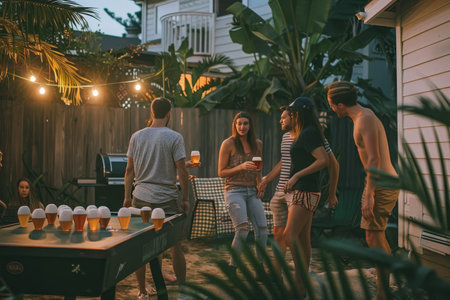 Group of people standing around a table filled with drinks, socializing and enjoying company, A group of friends playing beer pong in a backyard with a barbecue grillの素材