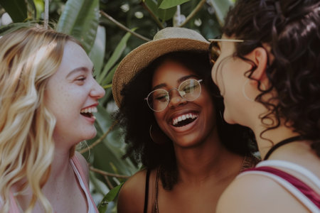 Several women laugh and enjoy each others company as they stand side by side, A group of friends laughing and enjoying each other's company, showcasing the beauty of friendshipの素材