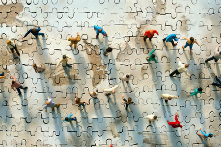 Diverse group of individuals standing united on completed puzzle, teamwork and problem-solving visible, A group of individuals working together to achieve a common goalの素材