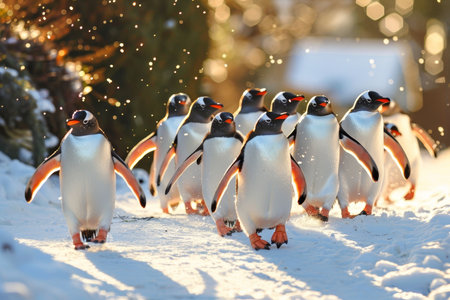 Collection of penguins marching together in the snowy terrain, A group of penguins waddling together on snowの素材