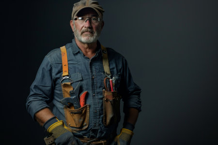 A man wearing a hat and overalls holding tools in his hands, A handyman with a tool belt, wearing a cap and glovesの素材