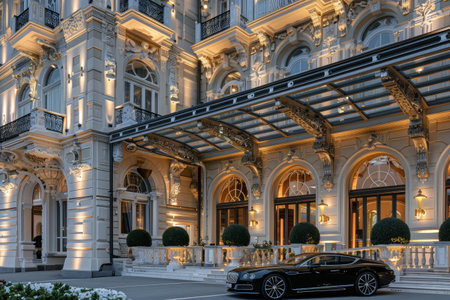 A black car is parked in front of a grand hotel with ornate details, A high-end hotel with ornate details and a grand entranceの素材
