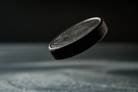 Close-up view of a coin floating in clear water, reflecting light, A hockey puck flying through the airの素材