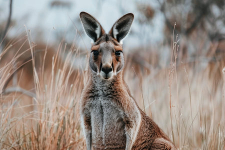 A kangaroo is seated amidst tall grass in the Outback, A kangaroo standing majestically in the Outbackの素材