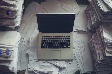 A laptop computer sits on top of a pile of papers, A laptop surrounded by printed out sheets of paperの素材