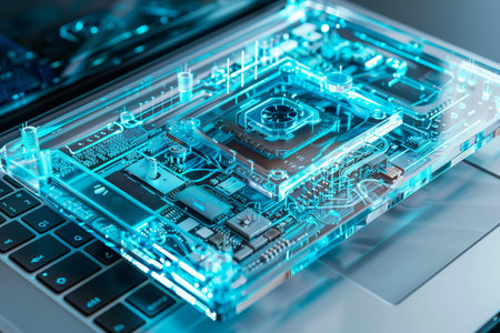 Detailed view of a laptop with a visible circuit board inside its transparent casing, A laptop with a transparent casing, revealing the inner workings and componentsの素材