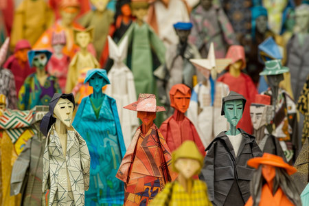 Collective of paper dolls in various designs and colors standing side by side, A large group of people from different backgrounds and cultures, all beautifully crafted from origami paperの素材