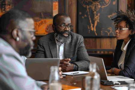 A lawyer discussing a legal strategy with their colleagues at a wooden table, A lawyer discussing a legal strategy with their legal teamの素材