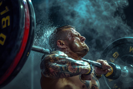 A man takes a deep breath as he prepares to lift a barbell in a gym, A lifter preparing to lift with a deep breathの素材