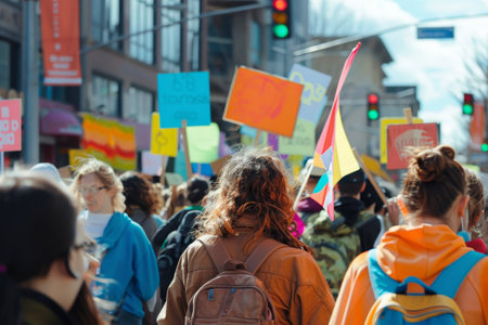 Group of individuals walking down the street with colorful signs and banners during a protest march, A lively protest march with colorful signs and bannersの素材