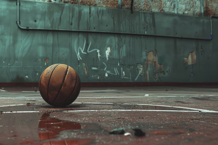 Basketball sitting on court floor, ready for action, A lone basketball resting on the court, waiting for someone to break the silence with a dribble and a shotの素材