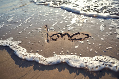 The word love inscribed in the sand on a beach, A love note written in the sand on a beachの素材