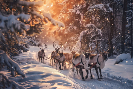 Reindeers working together to pull a sleigh through a snowy landscape in a forest, A magical sleigh ride through a snowy forest with reindeer leading the wayの素材
