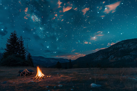 A campfire glowing in a field under a starry night sky, A magical night under the starsの素材