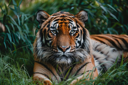 A powerful tiger characteristically lying in the grass, focusing its gaze on the camera, A majestic tiger resting in the grassの素材